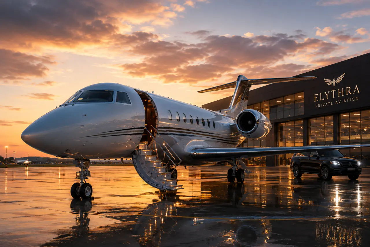 Private jet positioned on an airport apron at sunset