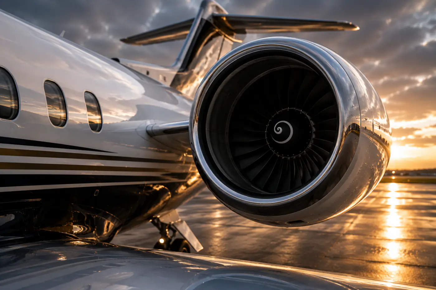 Close-up of a private jet engine at sunset