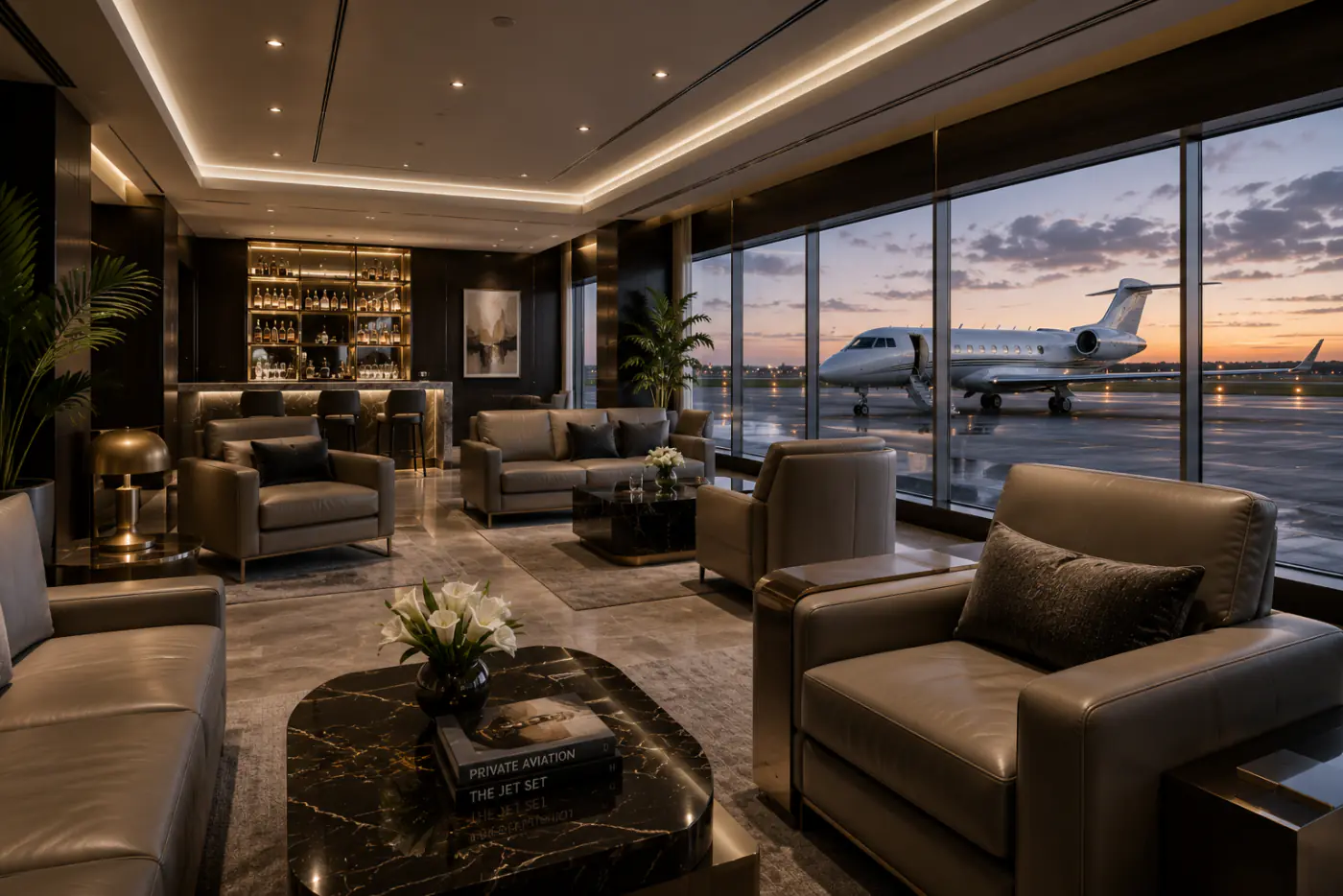 Private aviation lounge overlooking an airfield and mountains